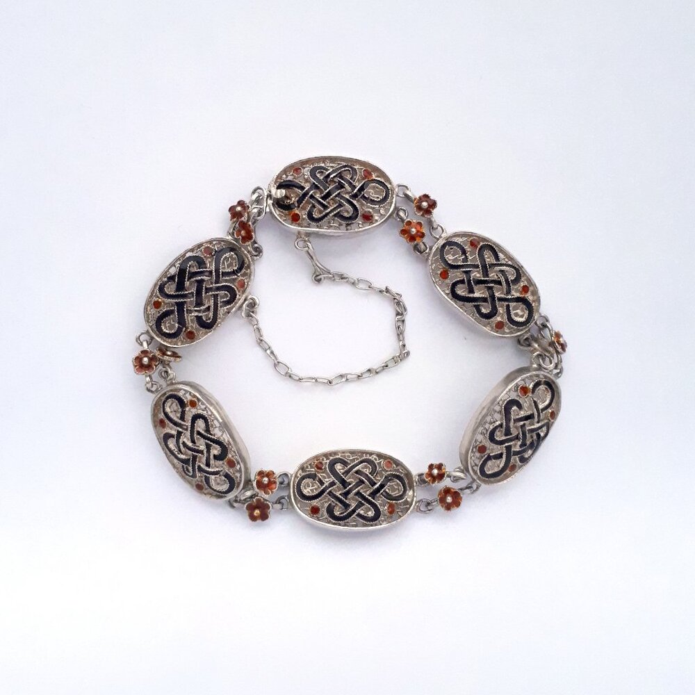 VINTAGE 925 Silver Filigree Lace Oval Link Bracelet with Black and Red Enamel